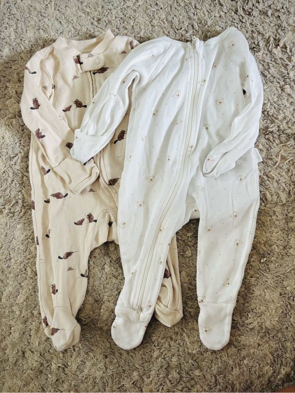 Purebaby Cream & Beige Bear Footed One-Pieces (Set of 2)